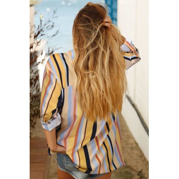 Blue Stripes Printed Dyed Loose Blouse Yellow